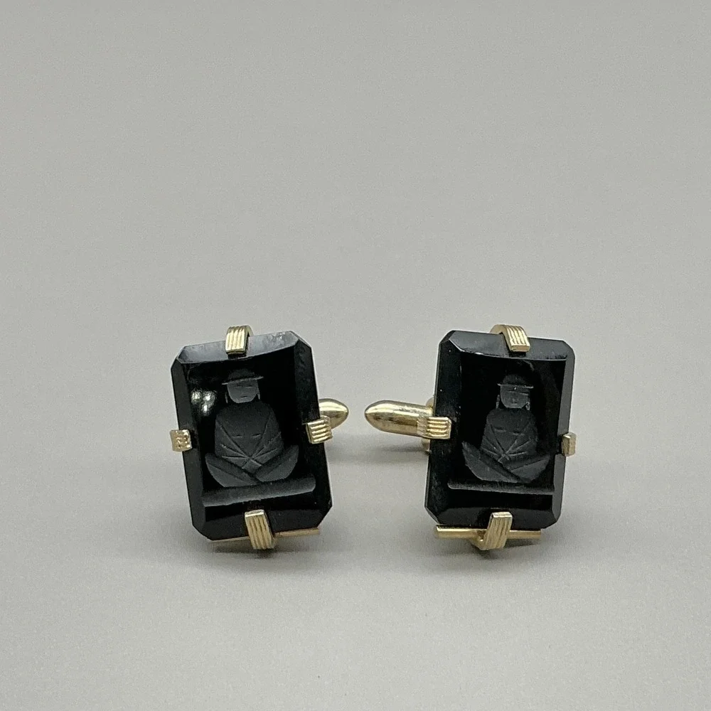 Vintage Mens Cufflinks Gold Tone Black Intaglio Figure Stone Bullet Back Jewelry